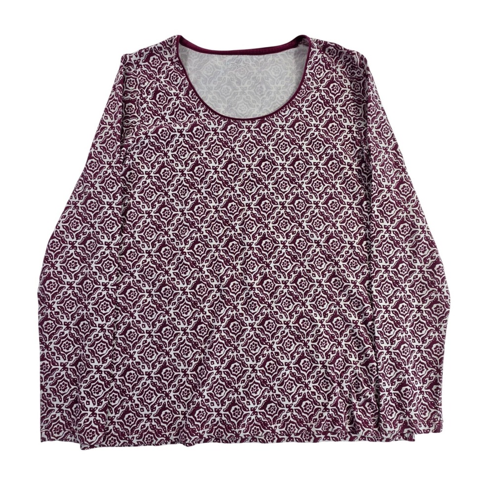 Kim Rogers Womens Large Burgundy White Medallion Tile Print Long Sleeve Top L